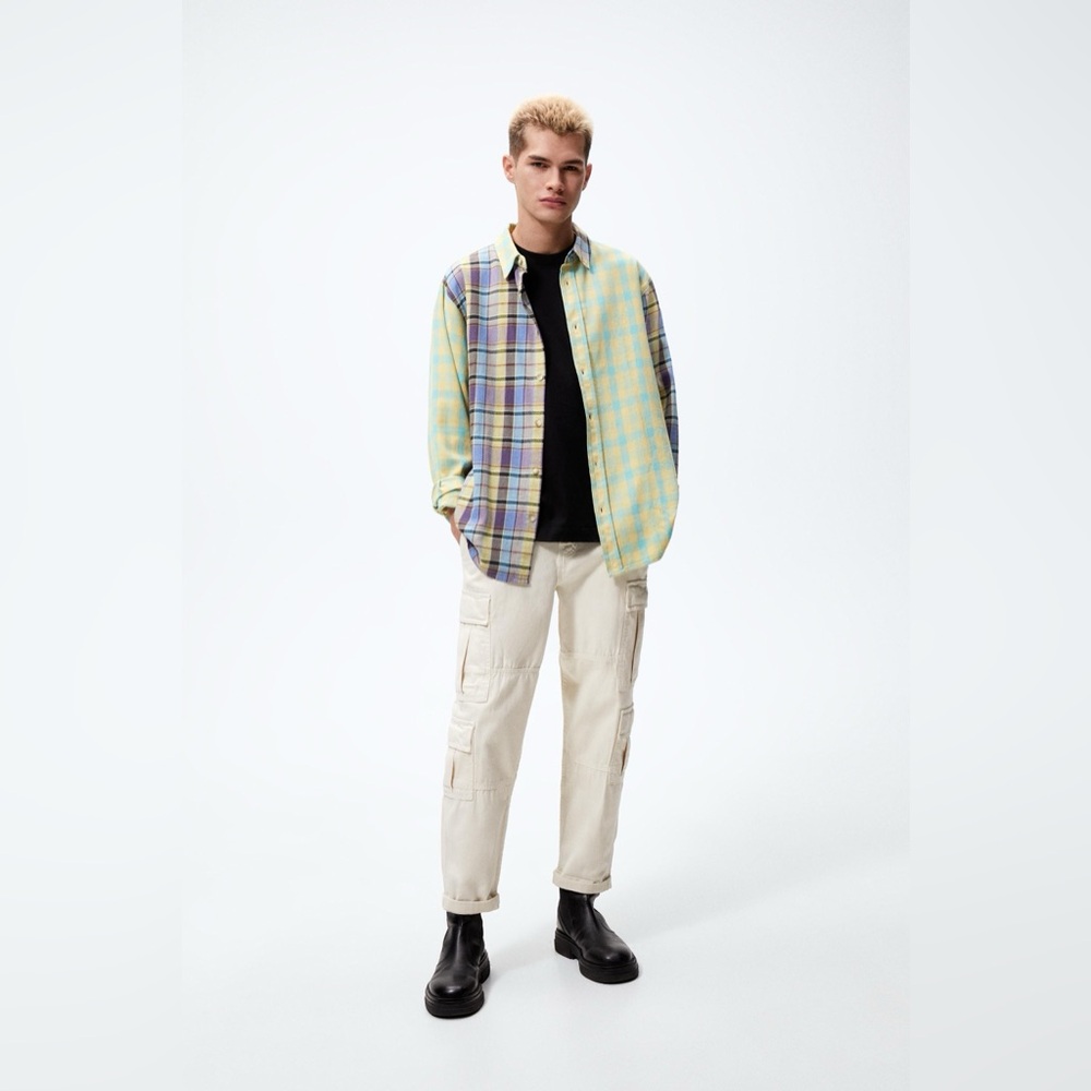 Zara Blue and Green Muti Colored Plaid Button-Down Long Sleeve Collared Shirt M